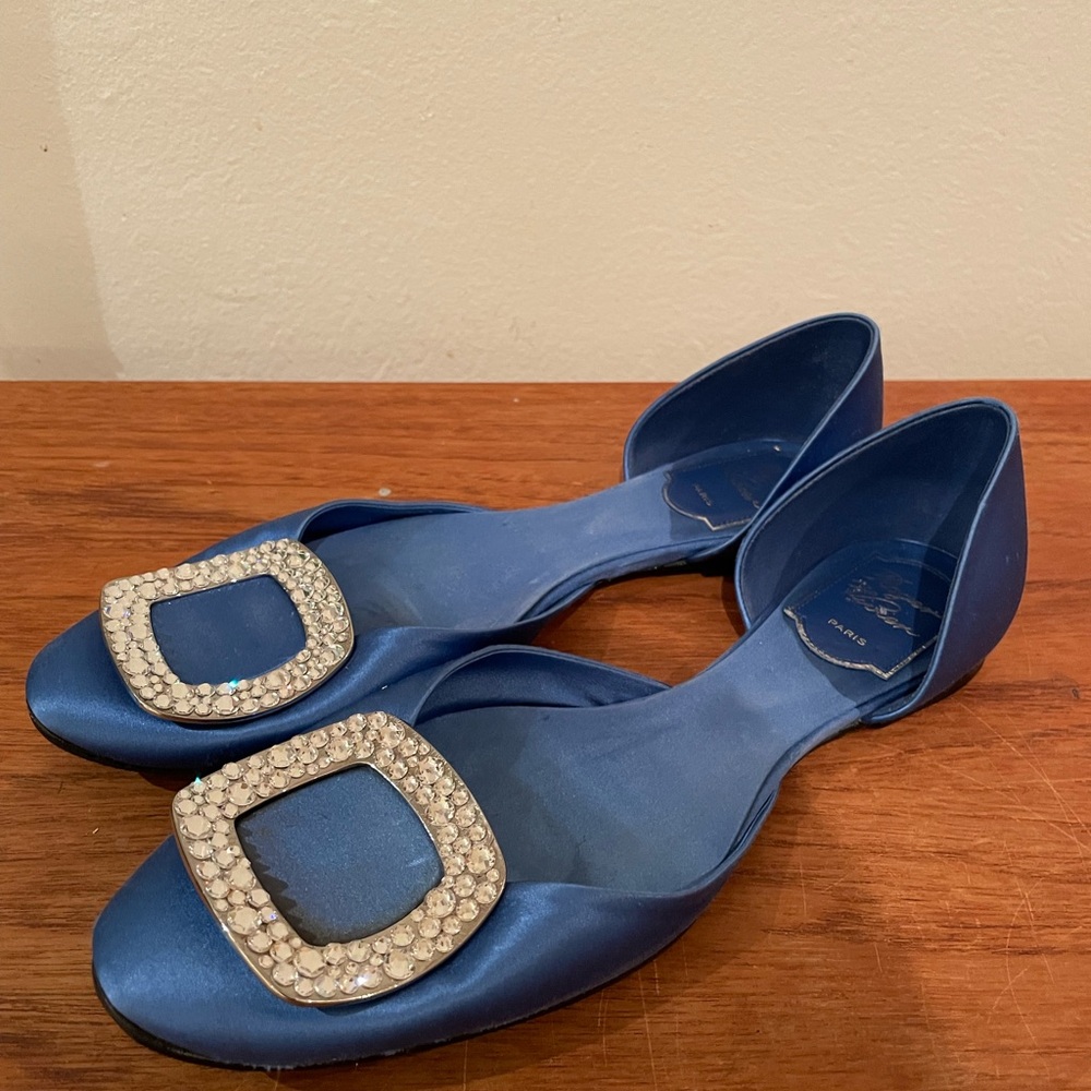 Roger Vivier Blue Satin Chips D’Orsay Flats with Crystal Buckle